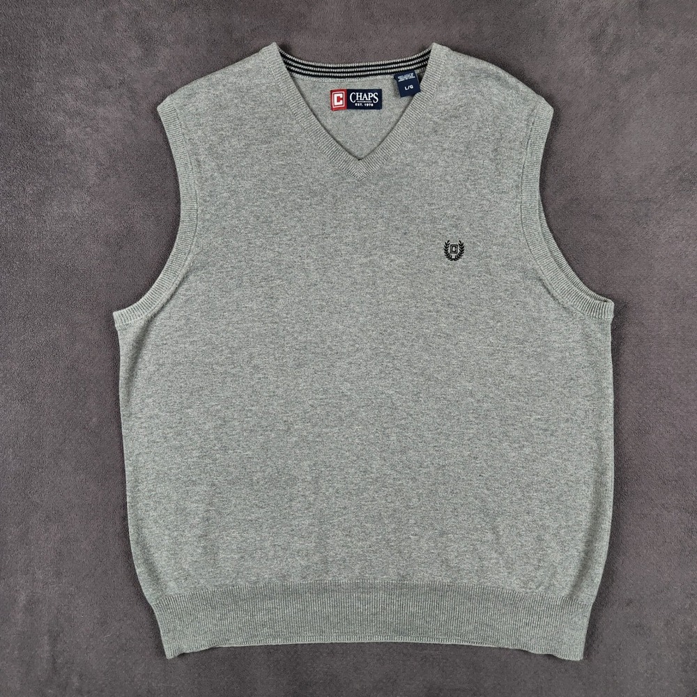 Chaps Sweater Vest Mens Large Gray V Neck‎ Pullover Cotton Embroidered Logo
